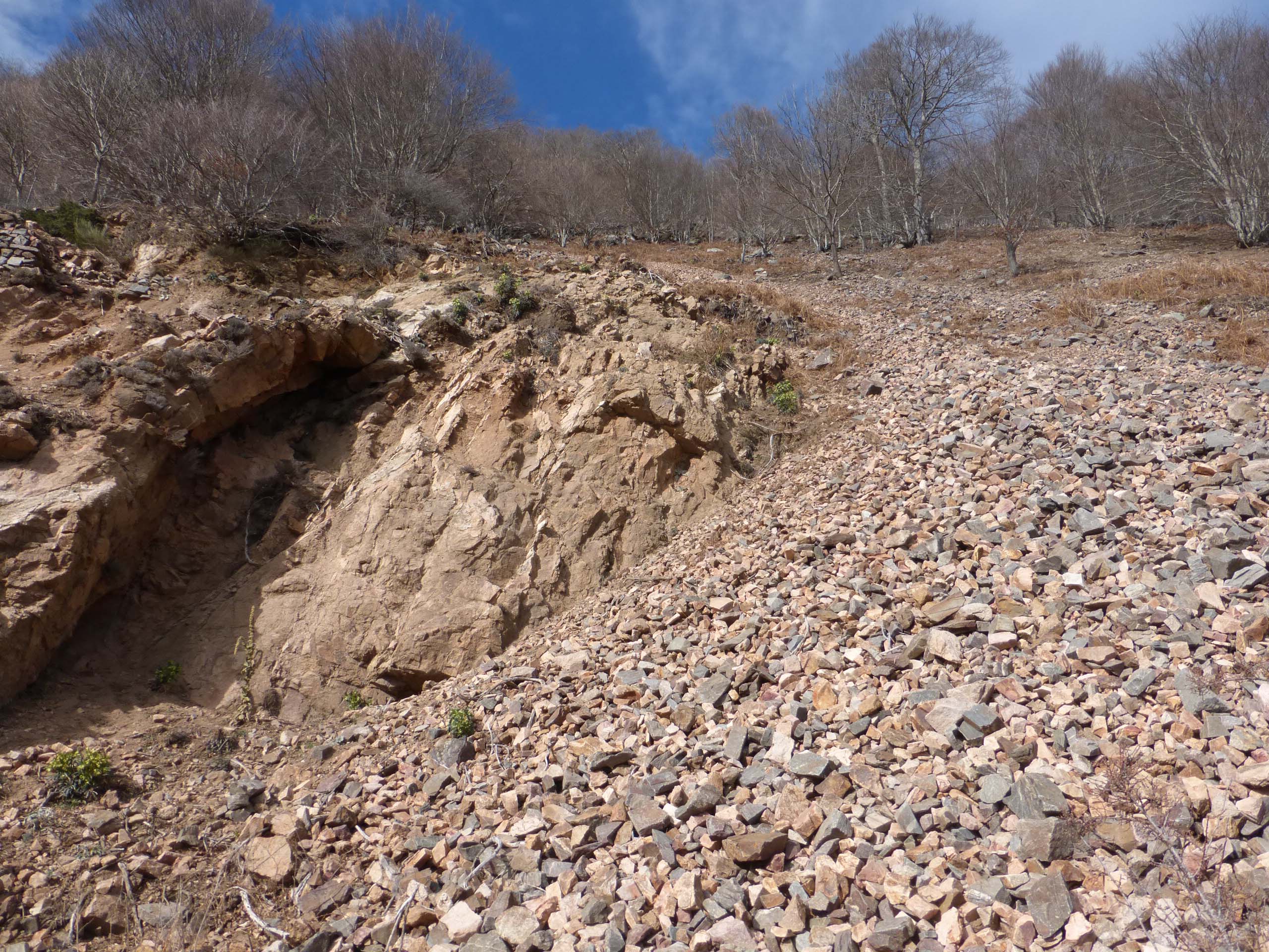 Visió general de vessant inestable amb runam procedent de l’activitat de les mines anys enrera. Gener 2015 