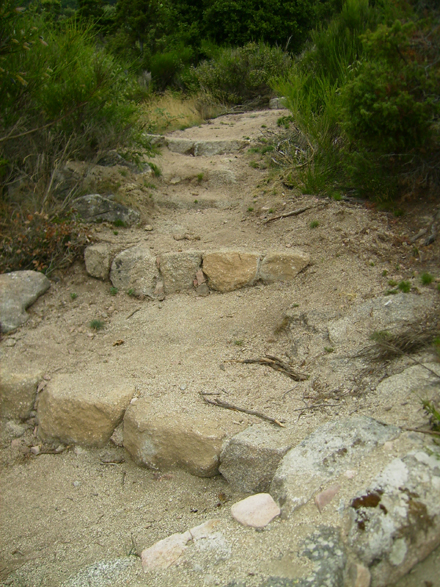 Esglaons i murs de pedra seca per definir trams únics de camí. Juliol 2007